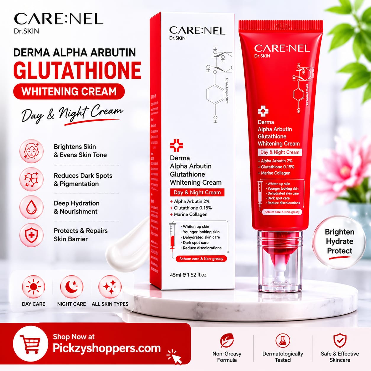 CARE:NEL Dr.SKIN Derma Alpha Arbutin Glutathione Whitening Cream – Day & Night Cream